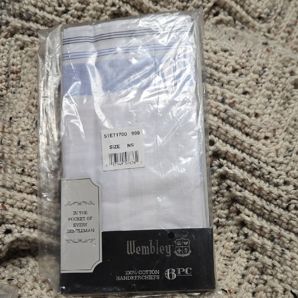 Wembley White Cotton Handkerchiefs with Light Blue Trim New